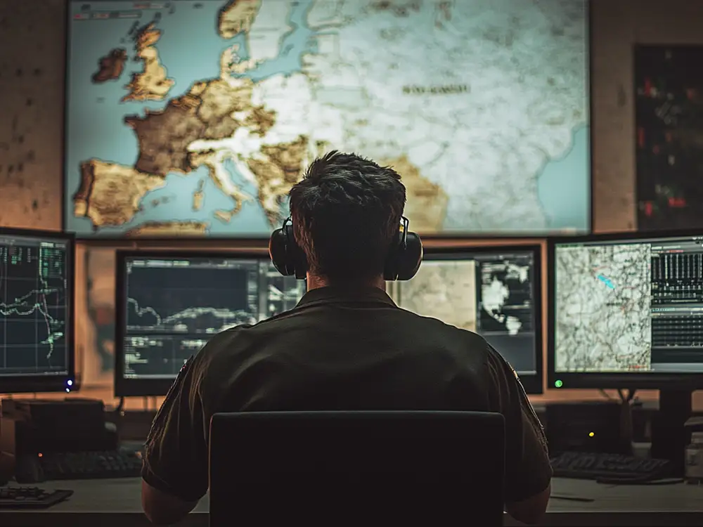 Mężczyzna siędzący przed monitorami i mapą.