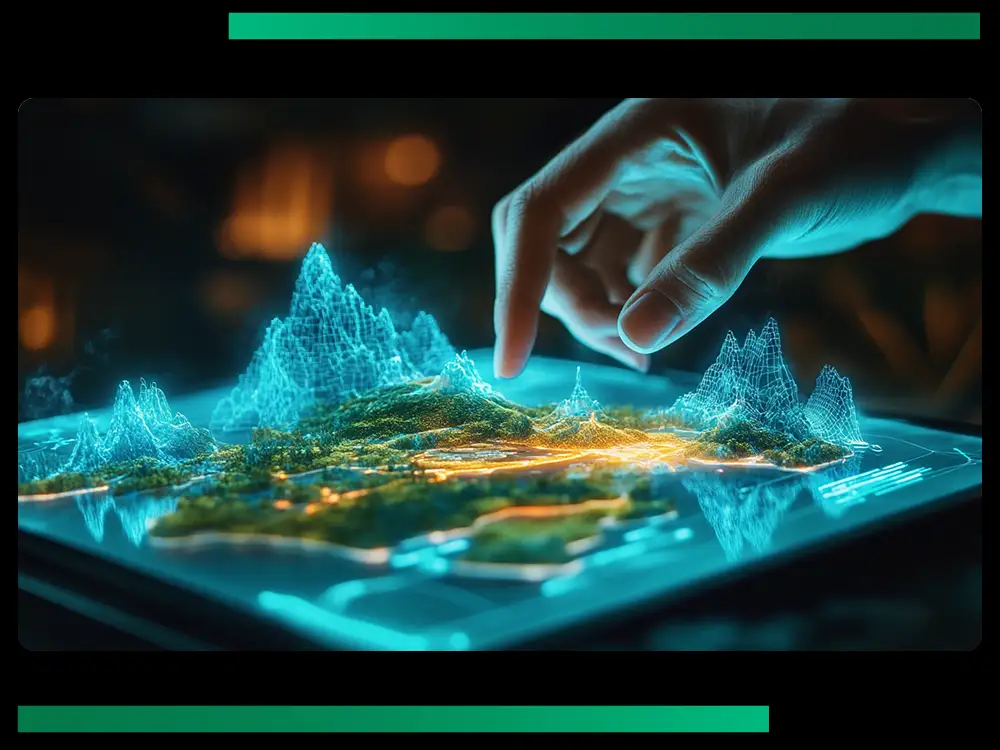 Dłoń wskazująca na hologram terenu.